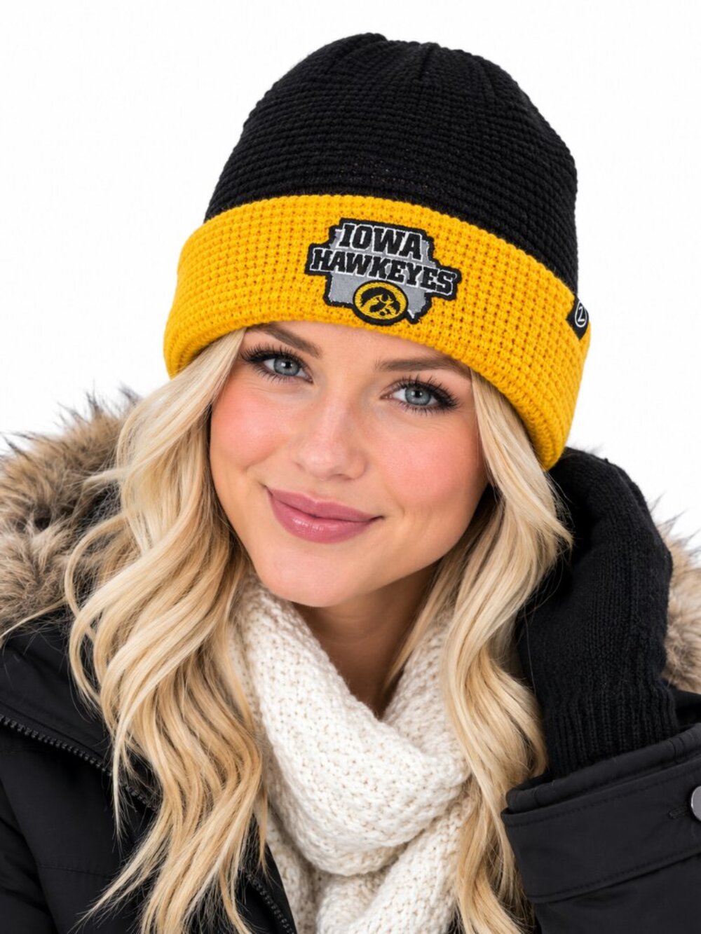 Iowa Hawkeyes Hat Black Winter Knit Cap Pom Stitched Logo Waffle Pattern New